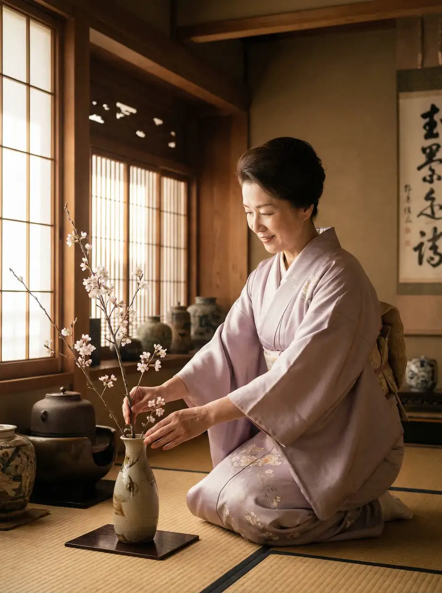 一位优雅的 蘑菇视屏 在和室中插花