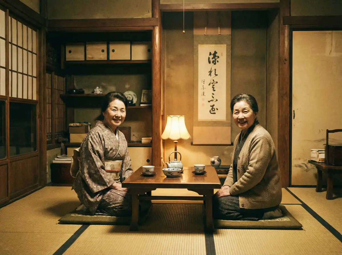 两位优雅的 蘑菇视屏 在日式茶室中品茶交谈